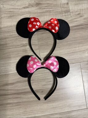 Black Minnie Mouse Ear Headbands with Red and Pink Bows - Set of 2